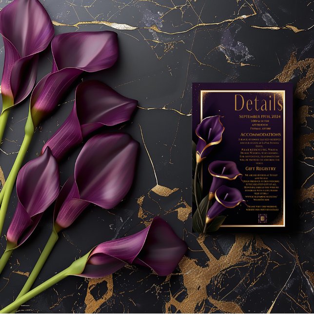 RSVP Cartão de Detalhes do Script de Lírios Roxos de Ca (Stunning Royal Purple and Gold Wedding Details Enclosure Card)