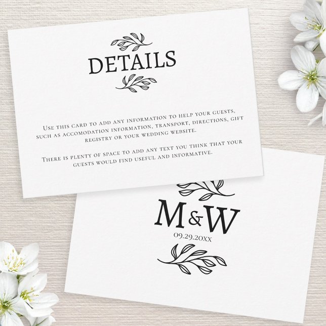 RSVP Cartão de Informações sobre Iniciais de Monograma  (Wedding details information enclosure card with couple monogram initials and botanical leaf line art)
