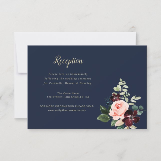 RSVP cartão de recepção de casamento azul marinho flora (Frente)