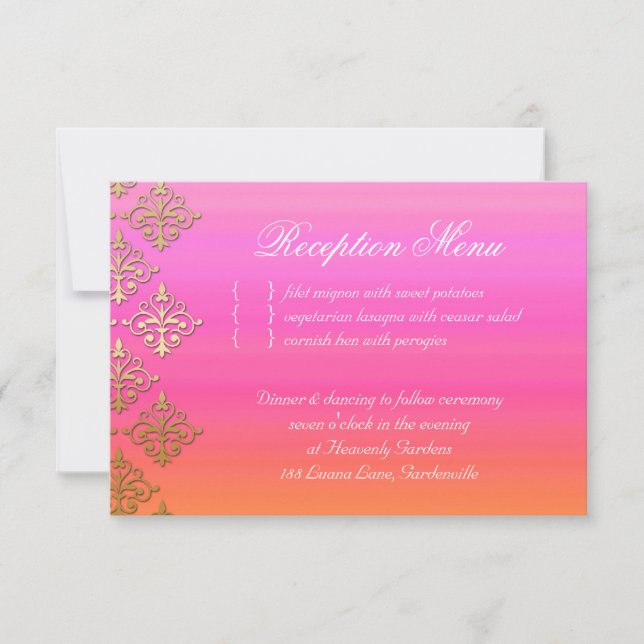 RSVP Cartão de Recepção de Casamento Indian Damask Rosa (Frente)