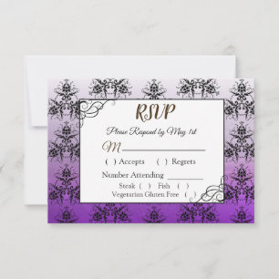 RSVP Cartão preto e roxo do casamento tema damasco RSV