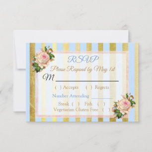 RSVP Cartão Wedding listrado floral azul e Dourado de