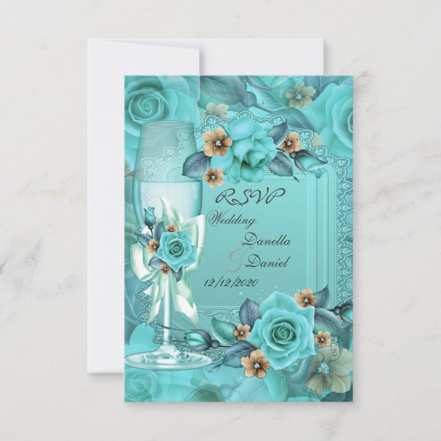 RSVP Casamento Azul Turquesa Bege Rosas Flores 3 (Frente)