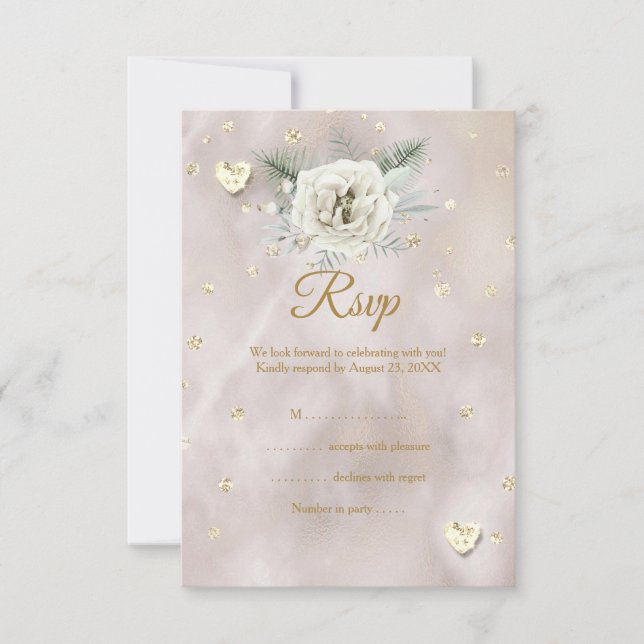 RSVP Casamento Bege Dourado Branco Rosa Corações B (Frente)