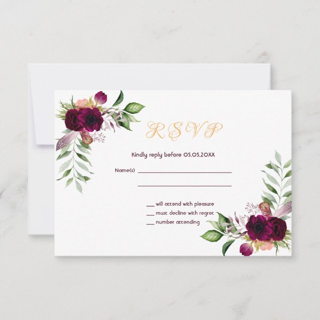 RSVP casamento boêmio boho flores carmesim branco (Frente)
