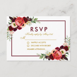 RSVP Casamento Boho Dourado Floral Borgonha Aquare