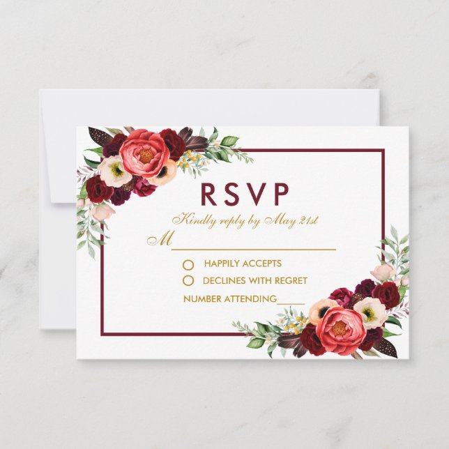 RSVP Casamento Boho Dourado Floral Burgundy Aquare (Frente)