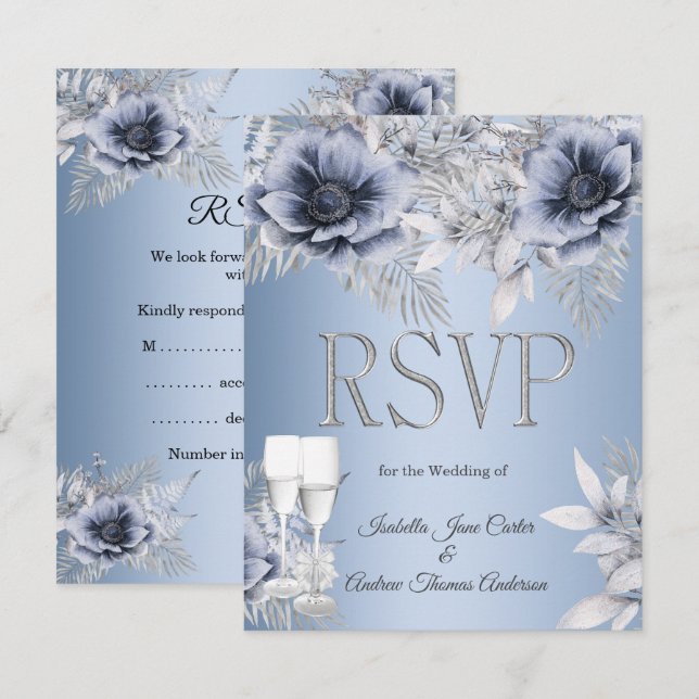 RSVP Casamento Buquê Floral Azul Prata Champanhe (Frente/Verso)