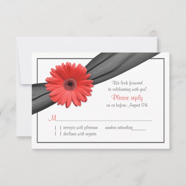RSVP Casamento Coral Gerber Daisy Grey Ribbon (Frente)