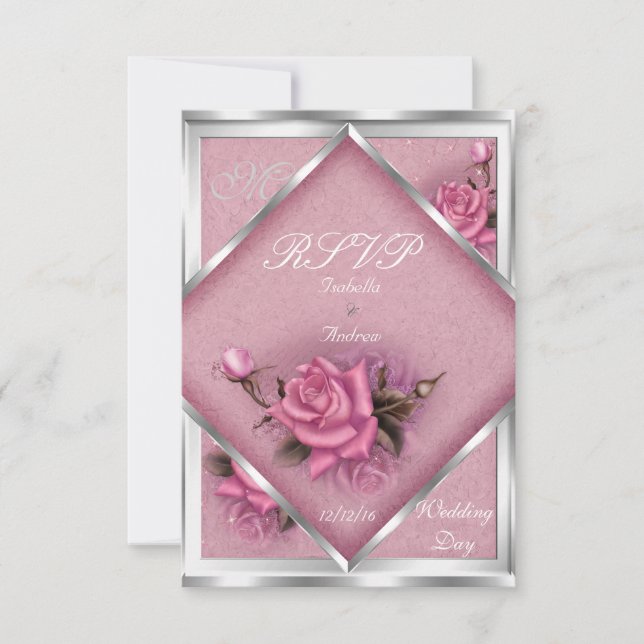 RSVP Casamento Elegante Buquê de Rosa Rosa Prata (Frente)