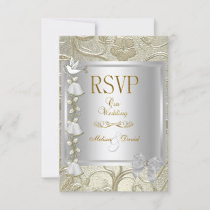 RSVP Casamento Elegante Dourado Prata Branco Pombo