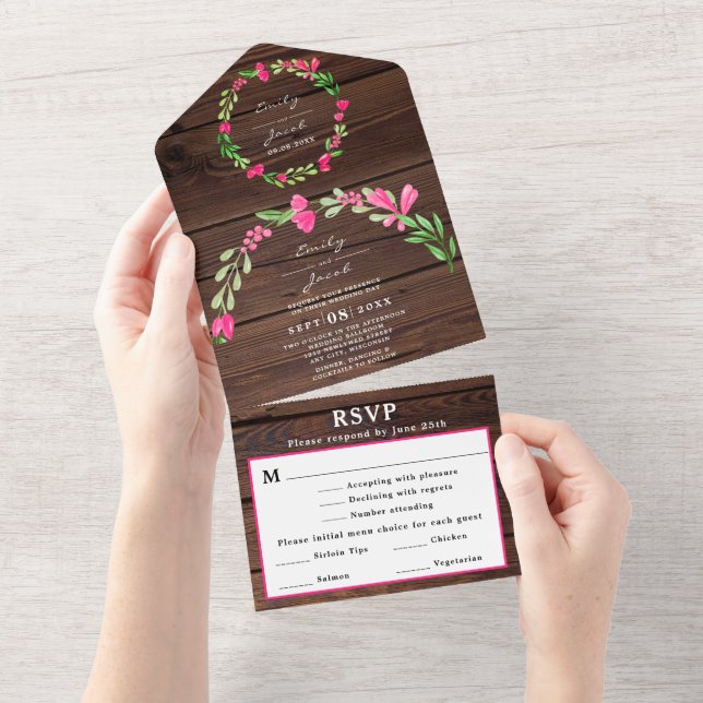 RSVP Casamento Floral Rosa Madeira Rústica Marrom (Aba destacável)