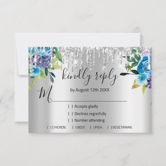 RSVP Casamento Prata Brilho Noiva Azul VIP Gotas (Frente)