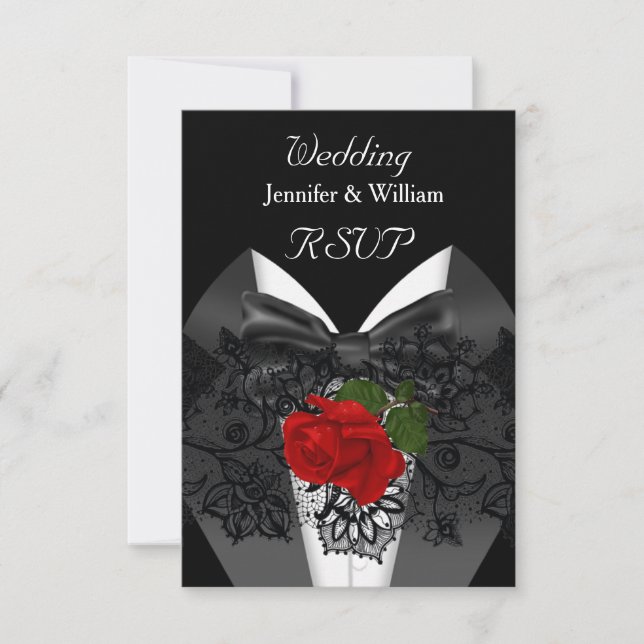 RSVP Casamento Preto Tuxedo Rosa Vermelho Profundo (Frente)