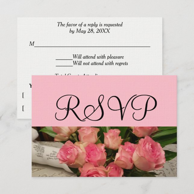 RSVP Casamento Rosa Rosa Buquê Prata (Frente/Verso)