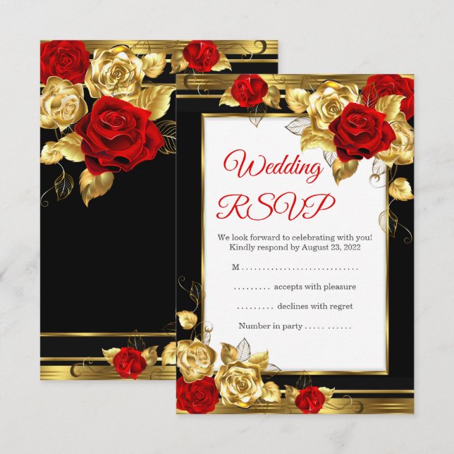 RSVP Casamento Rosas Vermelhas Douradas Preto Dour (Frente/Verso)