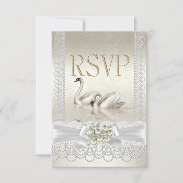 RSVP Casamento Swans White Pearl Lace Damask (Frente)