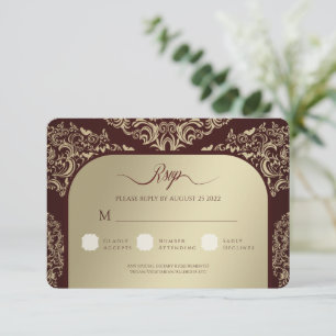 RSVP Casamento tema damasco Burgundy Obrigado Cartão co