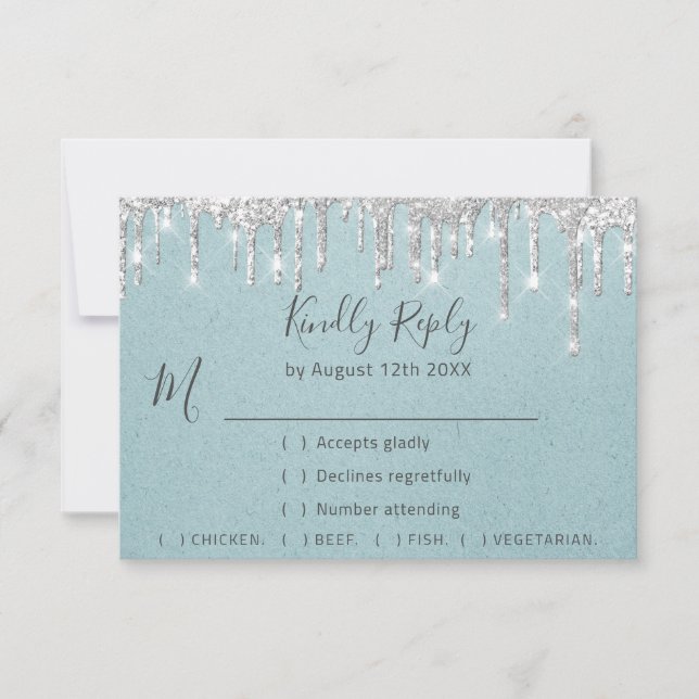 RSVP Cinza Prata Gotas Casamento Evento Azul Água (Frente)
