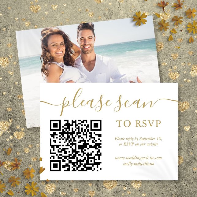 RSVP Código QR Simples Foto de Script Dourado (RSVP QR Code Simple Gold Script Photo)