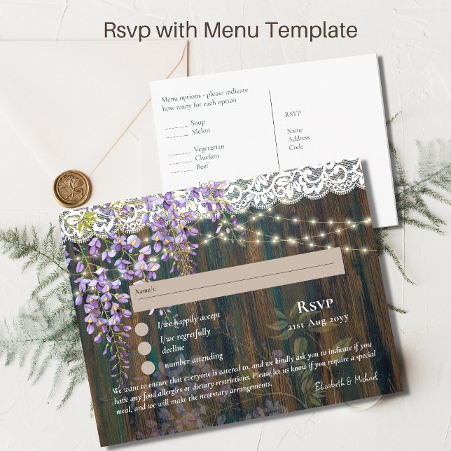 RSVP com Lace de Wisteria Rustic Modelo de Menu (Criador carregado)