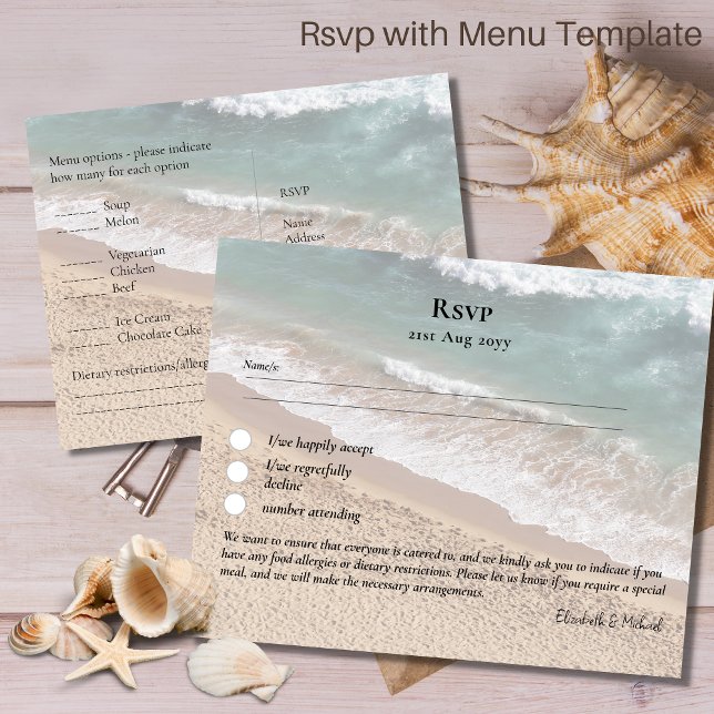 RSVP com Modelo de Menu Praia Destino Costeira (Criador carregado)