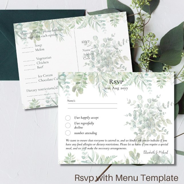 RSVP com Modelo de Menu Verde Russo Folha Boho (Criador carregado)