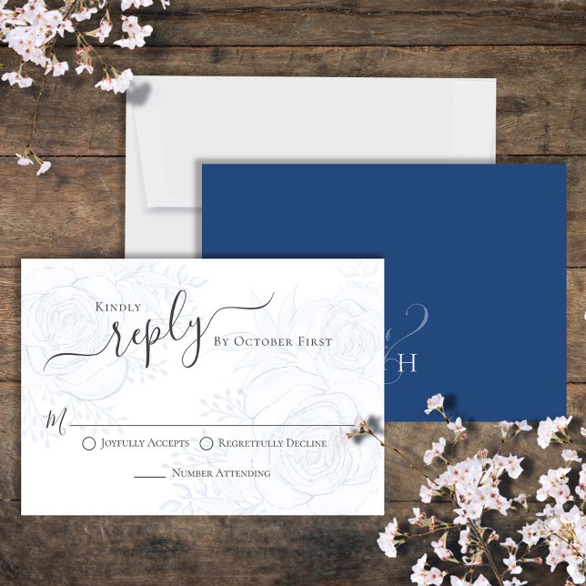 RSVP convidado da Ampersand de Caligrafia Azul Ele (Classic blue floral reply RSVP card with monogram ampersand backside. )