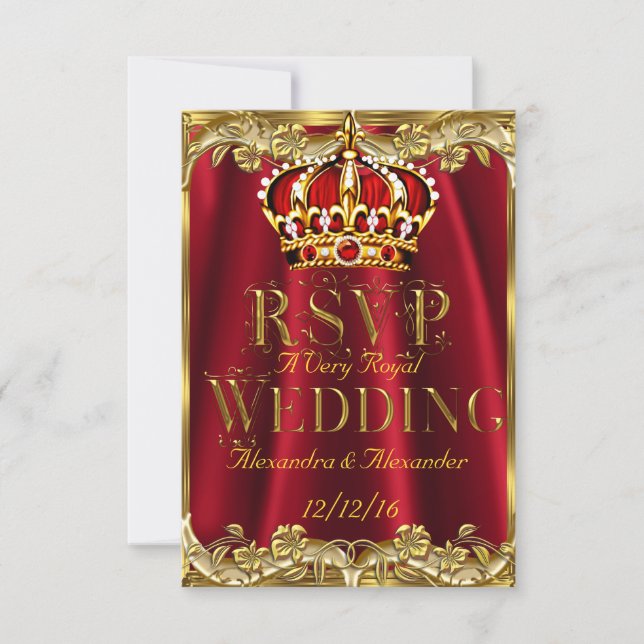 RSVP Coroa Dourada Casamento Vermelho Real (Frente)