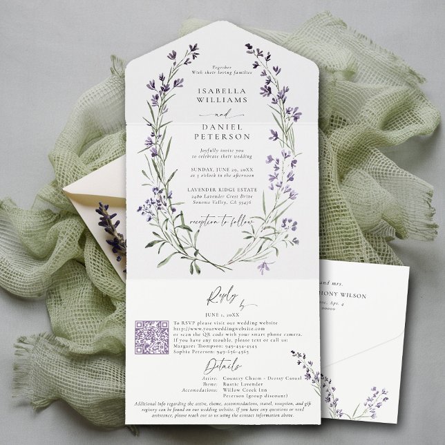 RSVP da Lavanda rustica Detalhes do Casamento Chic (lavender wedding invitation provence wreath modern classic elegant watercolor theme all in one)