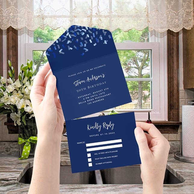 rsvp de aniversário de confetti branco azul marinh (Criador carregado)