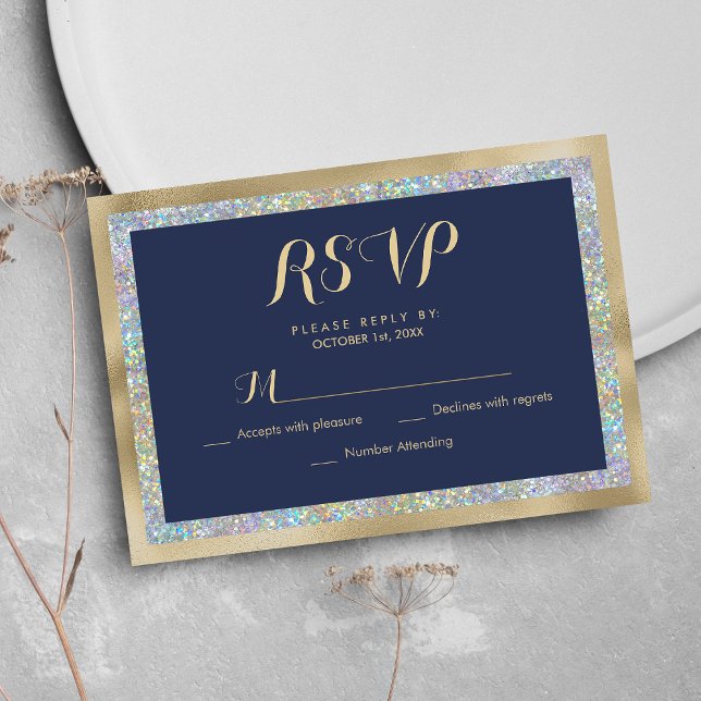 RSVP de brilho holográfico de ouro azul-marinho (Navy blue gold silver holographic glitter RSVP )