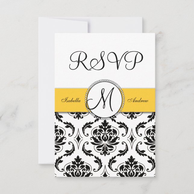 RSVP de Casamento Amarelo Damasco Negro (Frente)