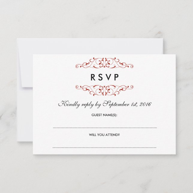 RSVP de Casamento Antiquado de Floreio Vermelho (Frente)