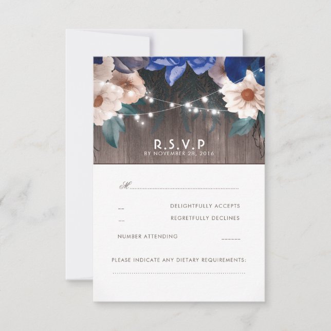 RSVP de Casamento Azul da Cadeia Floral Rústica (Frente)