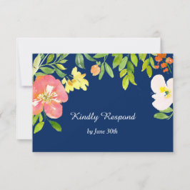 RSVP de Casamento Azul de Borda Floral Marinho