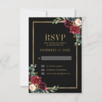 RSVP de Casamento Azul de Frame Dourado Floral da 