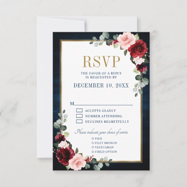 RSVP de Casamento Azul de Frame Dourado Floral da  (Frente)