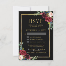RSVP de Casamento Azul de Frame Dourado Floral da 