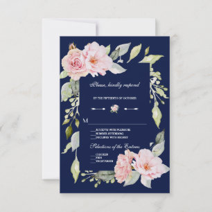 RSVP de Casamento Azul de Marinho Floral Cor-de-Ro