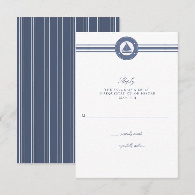RSVP de Casamento Azul de Stripe de Navegação Náut (Frente/Verso)