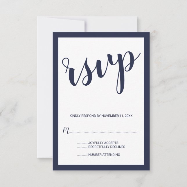 RSVP de Casamento Azul do Marinho de Script Modern (Frente)