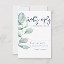 RSVP de Casamento Azul do Marinho Eucalyptus Moder