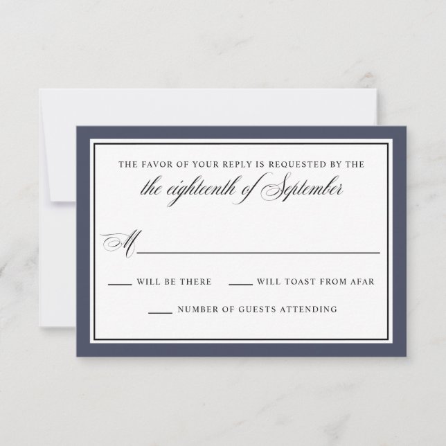 RSVP de Casamento Azul do Script de Caligrafia Ele (Frente)