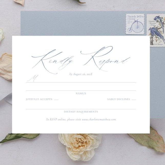 RSVP de Casamento Azul Dusty do Script Dacil Elega (elegant dusty blue wedding response card, dainty script rsvp card, wedding enclosure card)