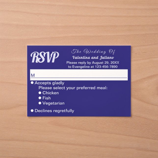 RSVP de casamento azul escuro minimalista (Typography style minimalist dark blue wedding RSVP card)