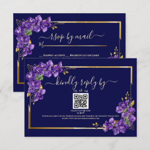 RSVP de Casamento Azul Marinho Violetas Moldura Do