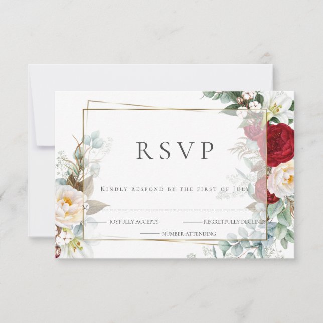 RSVP de casamento | Borgonha e Ivory Peony Floral (Frente)