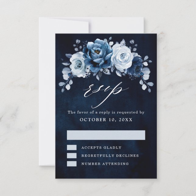 RSVP de casamento botânico floral em azul-acinzent (Frente)