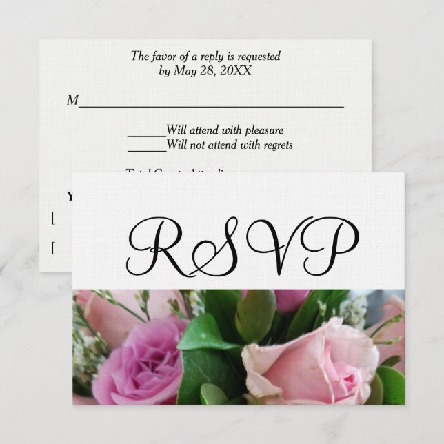 RSVP de Casamento Branco de Rosas Rosa Suave (Frente/Verso)
